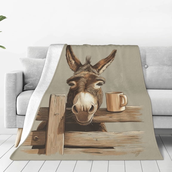 Coffee Donkey Throw Blanket, Funny Tired Animal Monday Mood Art, Soft Flannel Fleece for Home Office Decor 50x40