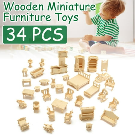 Toy Model Houses - 34 PCS 3D DIY Wooden Wood Miniature Furniture Model Dollhouse Set Souptoys Toys For Kids Children Boys Girls