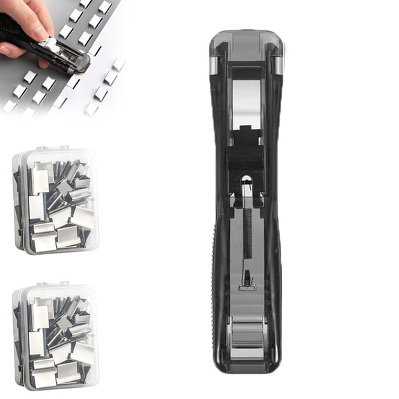 Portable Binder Clip Stapler - Includes 50 Reusable Clips, Handheld Paper Clam Clip Dispenser, Mini Push Stapler, Reusable Handheld Fast Paper Clipper for Office Home (Black)