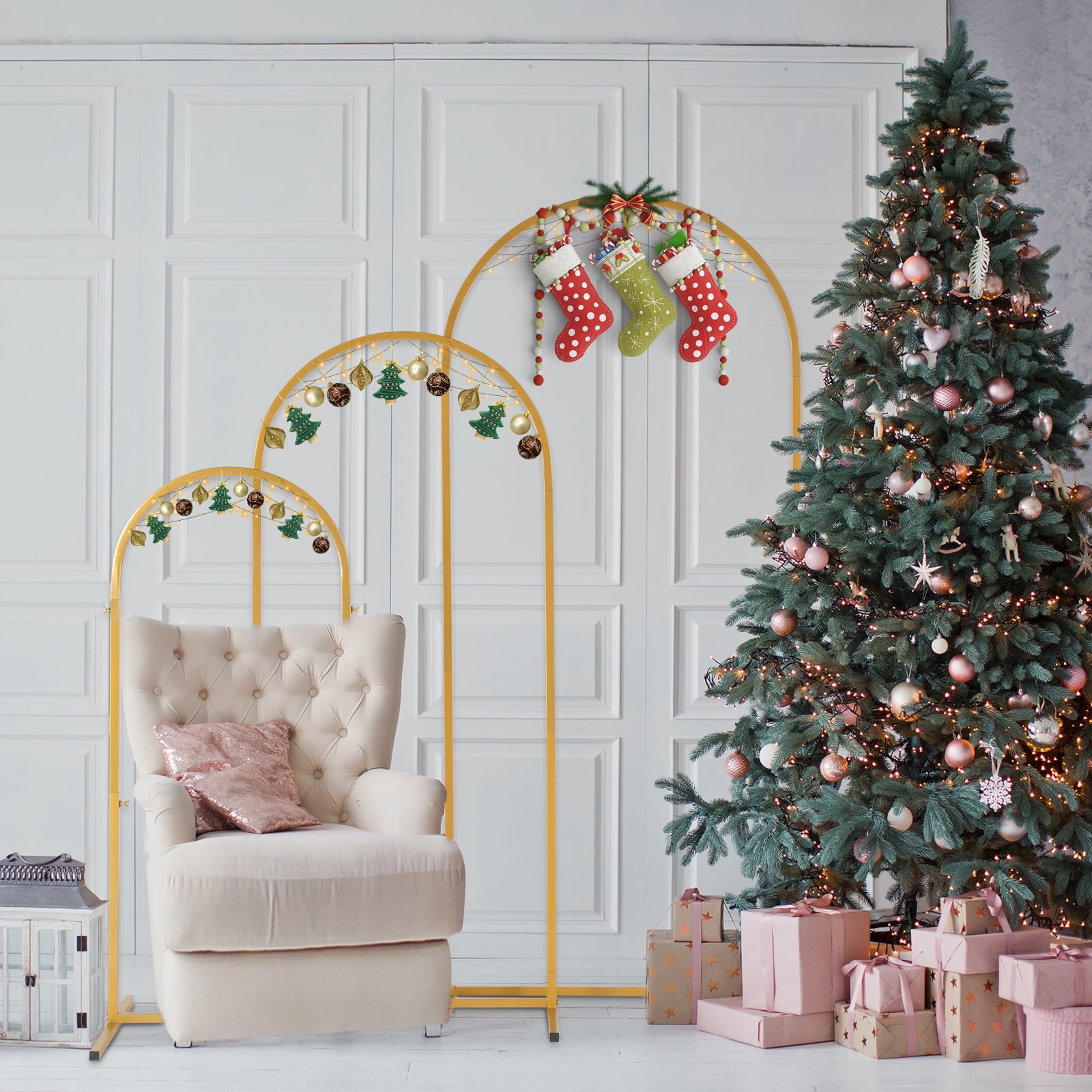 Three-Piece Set Wedding Arc Top Iron Art Wedding Iron Arch Gold, 5.9ft+4.9ft+3.9ft