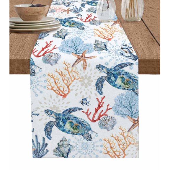 Table Runner Dresser Scarf 13 x 70 Inch Summer Ocean Turtle Starfish Turtle Coral Anchor Table Runners Non-Slip Heat Kitchen Dining Table Decor for Indoor Outdoor Home Party Decoration