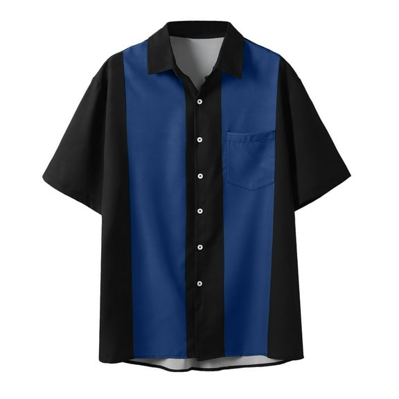 MNCEKFOD Men Shirts Casual Color Block Printed Shirt Short Sleeve Button Down with Pocket Relaxed Fit Mens Tops Blue L
