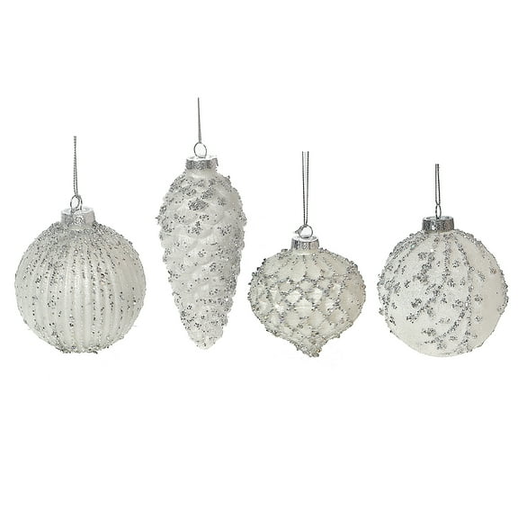 Maison Concepts Xmas Ornaments White Glass Ornament With Silver Glitter - Set of 12 - 6 L x 6 W x 14 H