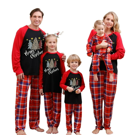 Christmas Family Pajamas Matching Set Letter Christmas Tree Print Long Sleeve Tops and Red Plaid Pants Sleepwear
