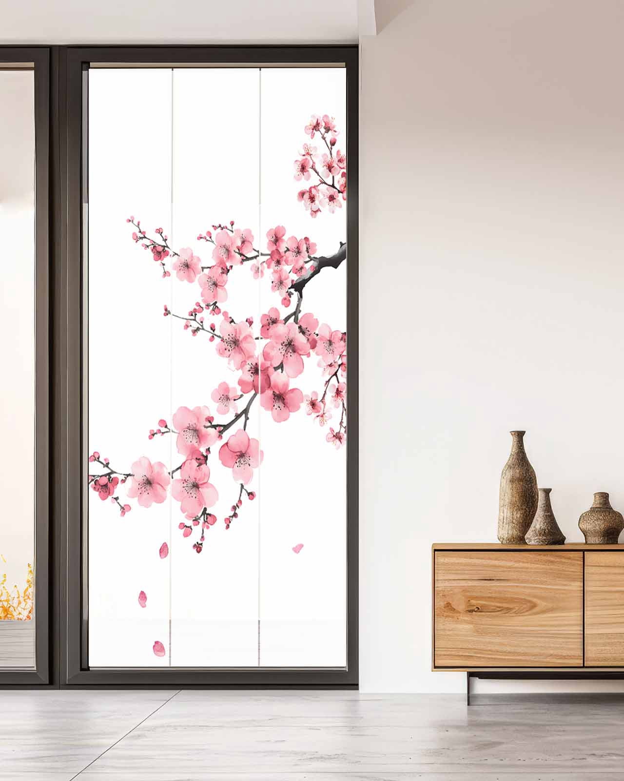 Window Privacy Film Pink Flower Stained Glass Window Film Decorative Sun Block Window Cover Spring Summer Botanical Floral Branches Window Clings Static Adhesive Sticker for Bathroom 35.4"x78.7"