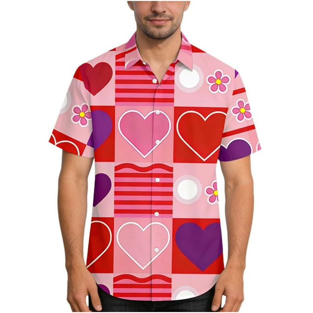 Chemise Unisexe à Manches Courtes avec Imprimé de la Saint-Valentin, Chemise Décontractée Boutonnée Assortie pour Couples avec Col Rabattu, Haut Graphique Coupe Régulière en Tissu Léger et Respirant pour Cadeaux des Fêtes et Sorties à Thème