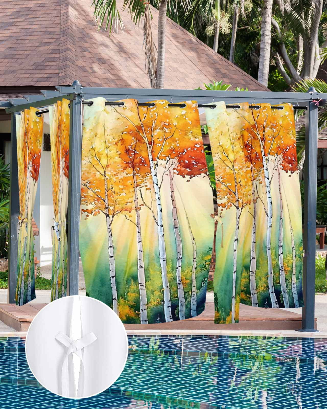 nqOlkjepod Outdoor Curtains for Patio Waterproof, Orange Green Trees Outdoor Privacy Panels Grommet, Watercolor Chic Beanch Leaf Blackout Outside Curtains for Porch/Cabana/Pergola 54"x95", 2 Panels