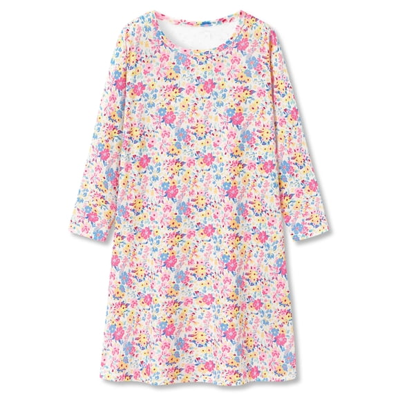 Beezizac Teen & Little Girls Long Sleeve Nightgown Soft Knit Sleepwear White Multi Color Tiny Floral Print Loose Crew Neck Nightdress Pajama Size 10