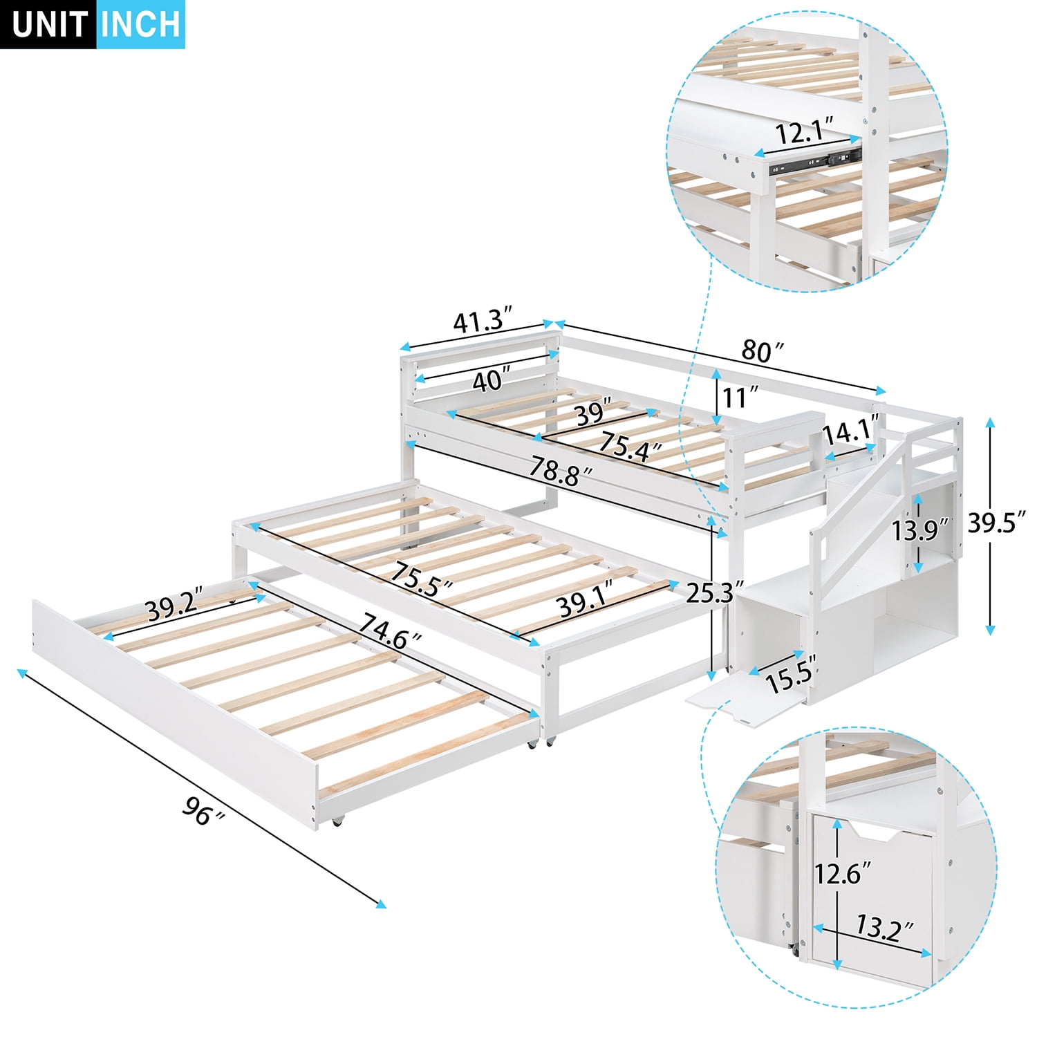 Kepooman Twin Size Daybed with Double Trundle, Flexible Shelf and Storage Staircase, White Kepooman Twin Size Daybed with Double Trundle, Flexible Shelf and Storage Staircase, White