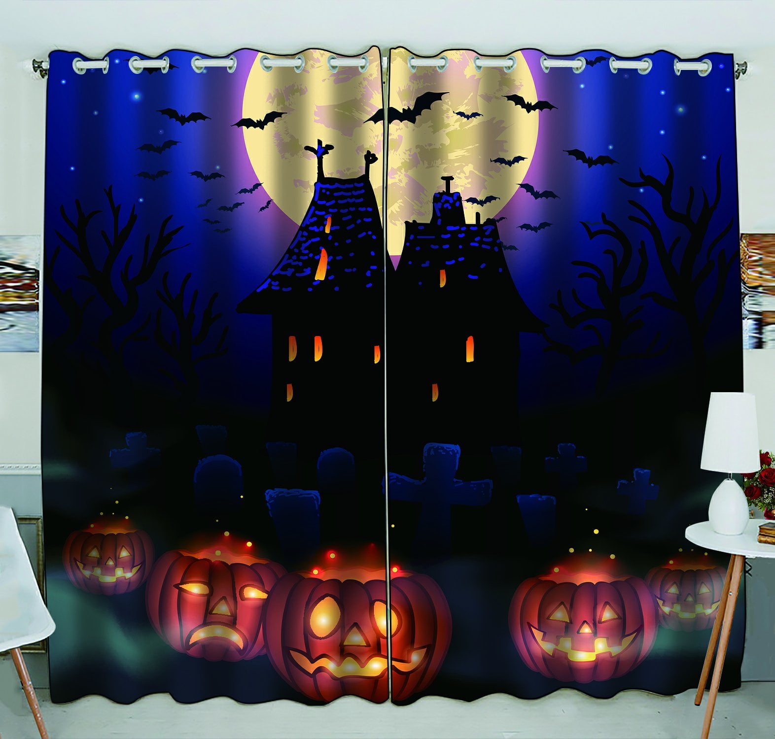 Phfzk Moon Window Curtain, Halloween Wicked House With Pumpkins Window