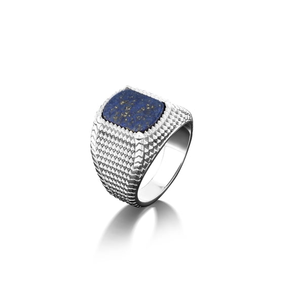 Unique statement ring with blue lapis for mens, Dragon scale handmade ring with flat lapis lazuli on top in 925 sterling silver, Gothic ring