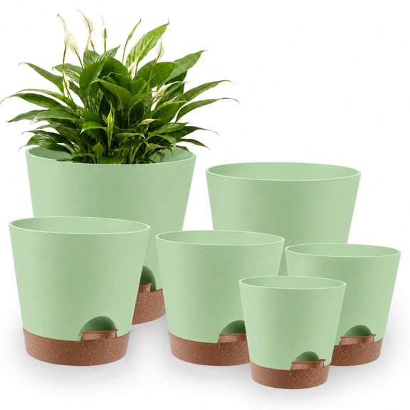FOUKUS Set of 6 Self-Watering Plant Pots with Drainage – Eco-Friendly Plastic Planters for Indoor & Outdoor Use – Pots for Succulents, Cactus, Snake Plants (8", 7", 6.5", 6", 5.5", 5") – Green