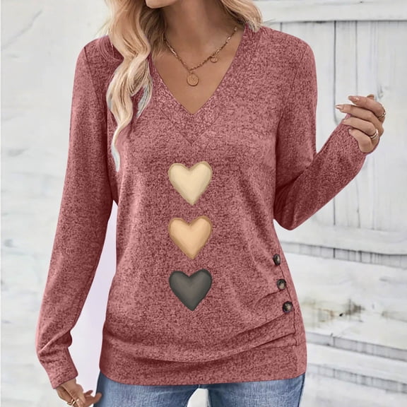 Xuniizn Valentine's Day Womens Long Sleeve Shirts, Heart Print V Neck Casual Loose Tops, Plus Size Soft Cozy Sweatshirt, Gifts for Her
