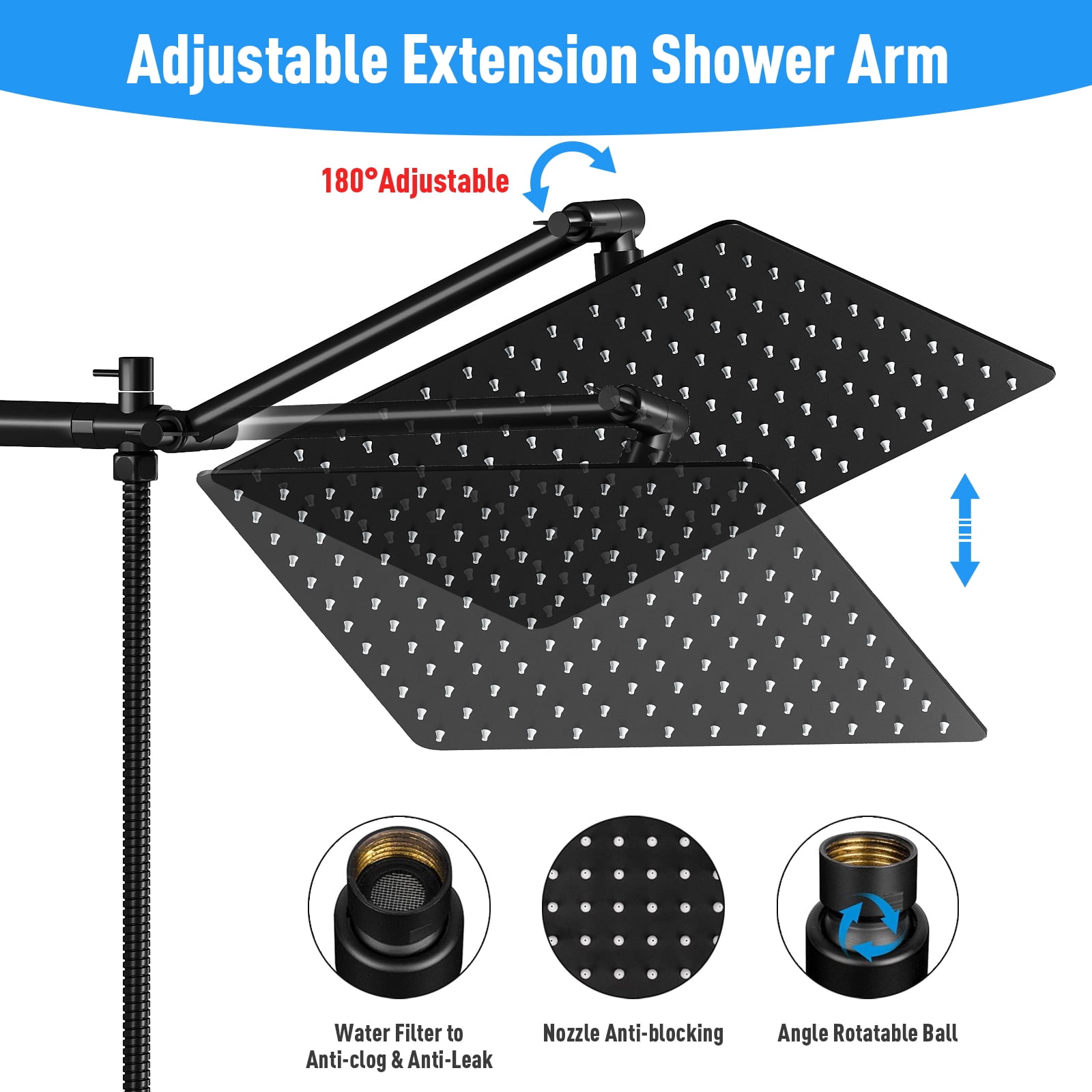 "Amobro Extendable Detachable Shower Head, 12"" Dual, 180/360 Degree Brass, High Pressure Rainfall & 4.3"" Handheld, Chrome"