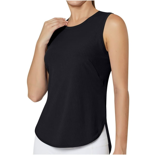 VKOYWKM Womens Workout Tank Tops Solid Color Ribbed Knit Gym Tank Tops Quick Dry Sleeveless Shirts Fashion Side Split Curve Hem Athletic Running Tanks