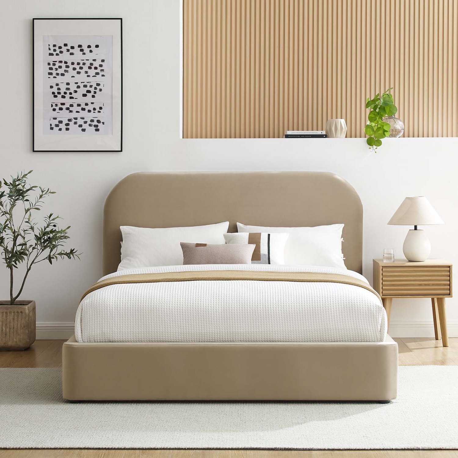 Platform Bed Frame, King Size, Taupe Gray, Velvet, Bedroom, Modern Contemporary Boutique HB36815