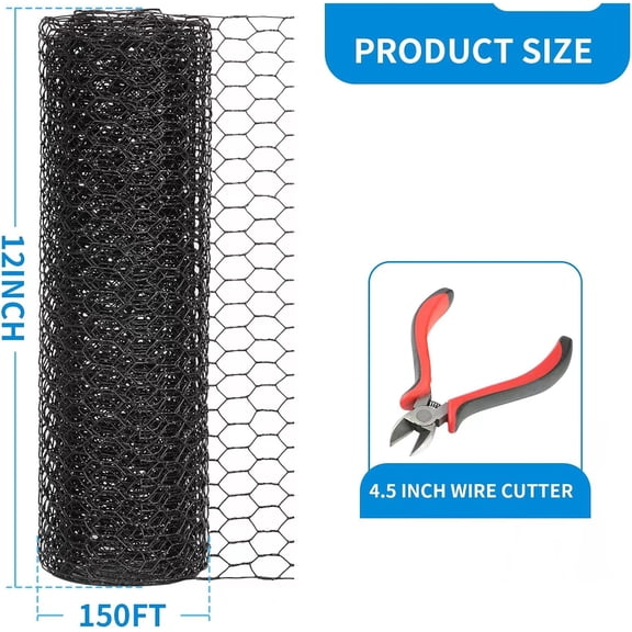 12'' x 150' Black Chicken Wire Mesh Fence, 20 Gauge Galvanized Poultry Netting and 1 inch Garden Mesh Fence Roll, Chicken Wire for Floral Arrangements/Crafts/Farm/Livestock/Pet Protection