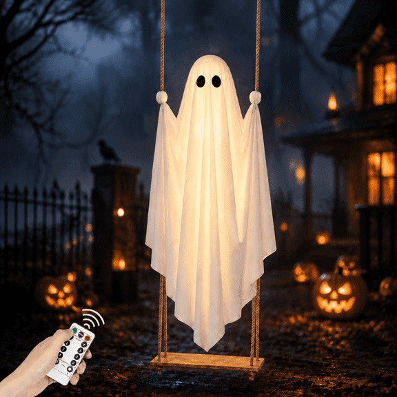 Light Up Swinging Ghost Outdoor Decor, 6.56FT Pre-Assembled LED Hanging Ghost on Swing with Remote Control, Halloween Decorations Outdoor for Porch Yard Tree