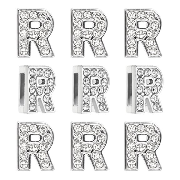 30pcs Letter Charm, Rhinestone Letter Charm Crystal Alphabet Slide Wristbands Pendant for Leather Collar, Silvery, R