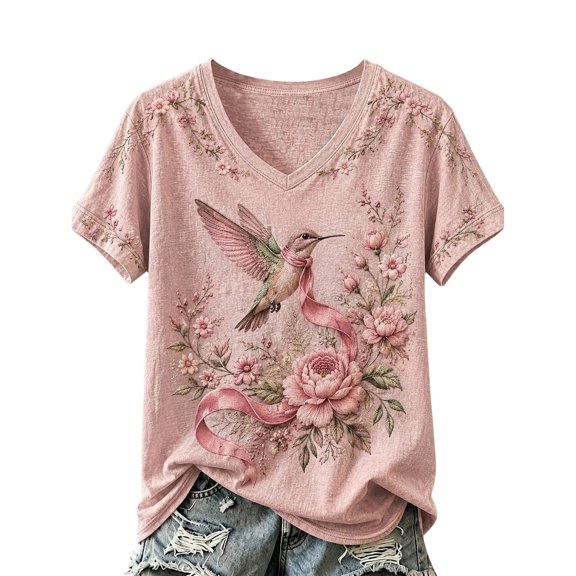 JULMCOMO Womens Breast Cancer Shirts V Neck Pink Floral Print Breast Cancer Awareness Shirts Short Sleeve Casual Comfy Graphic Tees Light pink 2XL