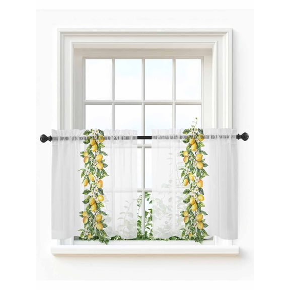 Yellow Lemon Tier Curtains 24 Inch Length,Sheer Curtains for Bedroom Living Room Window Simple Spring Botanical Fruit Leaves Flower Small Half Window Kitchen Curtains & Drapes 27.5"x24" 2 Panels
