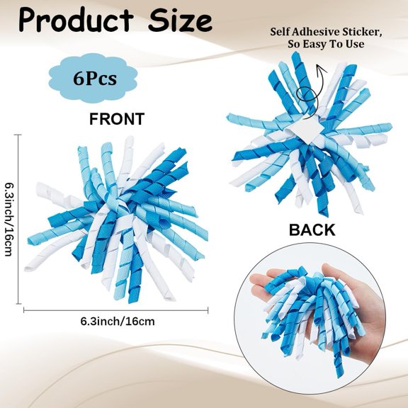 6Pcs 6" Blue Grosgrain Curly Ribbon Bow Pre Tied Self Adhesive Tab Gift Wrapping Burst Twist Tie Burst for Presents Bags Basket Birthday Wedding Christmas Holiday Party Decoration