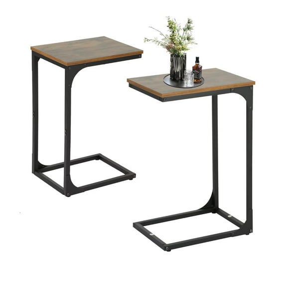 YRLLENSDAN C Shaped End Table Set of 2, Small Metal Side Table Slide Under Couch, Bed Table with Adjustable Feet for Small Space, Living Room, Bedroom, Bedside, Brown