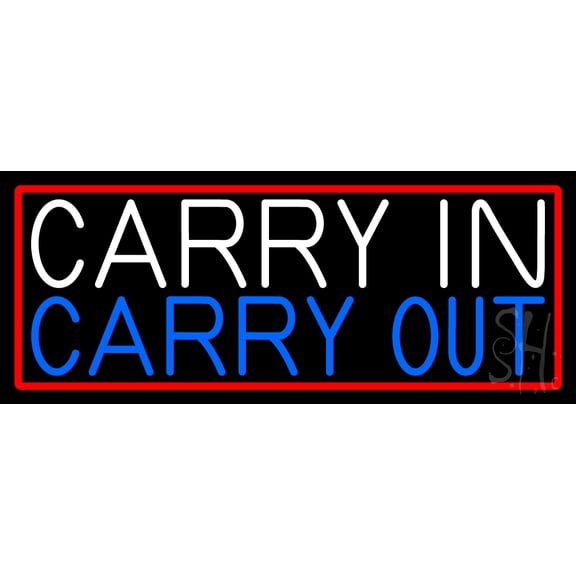 Carry In Carry Out LED Neon Sign 13 x 32 - inches, Black Square Cut Acrylic Backing, with Dimmer - Bright and Premium built indoor LED Neon Sign for restaurant window and interior decor.