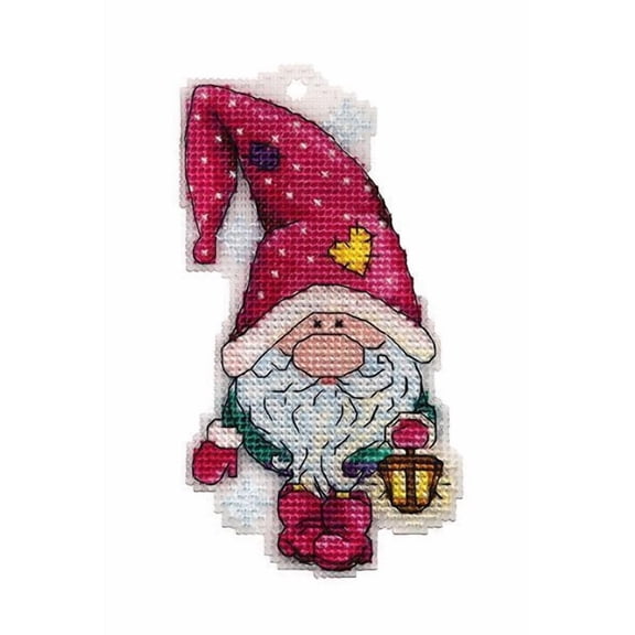 Wizardi Counted Cross-Stitch Kit on Plastic Canvas with Gnome. Christmas Ornament 2,95x5,12 Inches. Plastic Canvas Sheet. Wonderful for Embroidery & Needlework Amateurs. 8029A Alisena