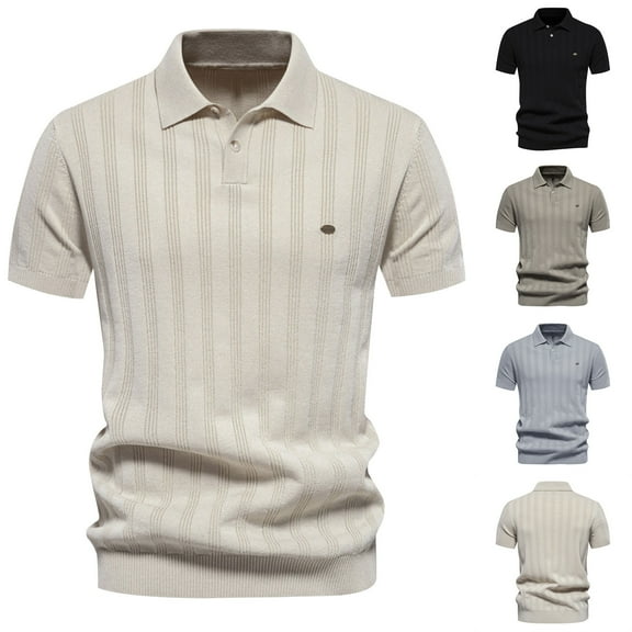 Jinhomg Mens Cotton Knit Shirts Slim Fit Comfy Short Sleeve Lapel Collared Polos Shirts Dressy Casual Solid Color Business Work Tops Daily Wear Holiday Clearance Sale Beige XXL