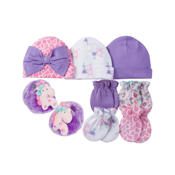 Gerber Newborn Baby Girl Caps, Mittens and Booties Accessory Set, 8