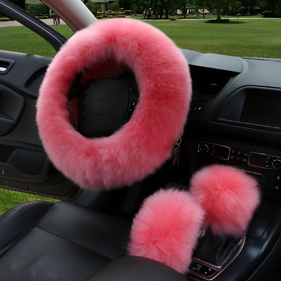 MELIVO 3Pcs Steering Wheel Cover Set Plush Warm Fluffy Car Accessories Pink