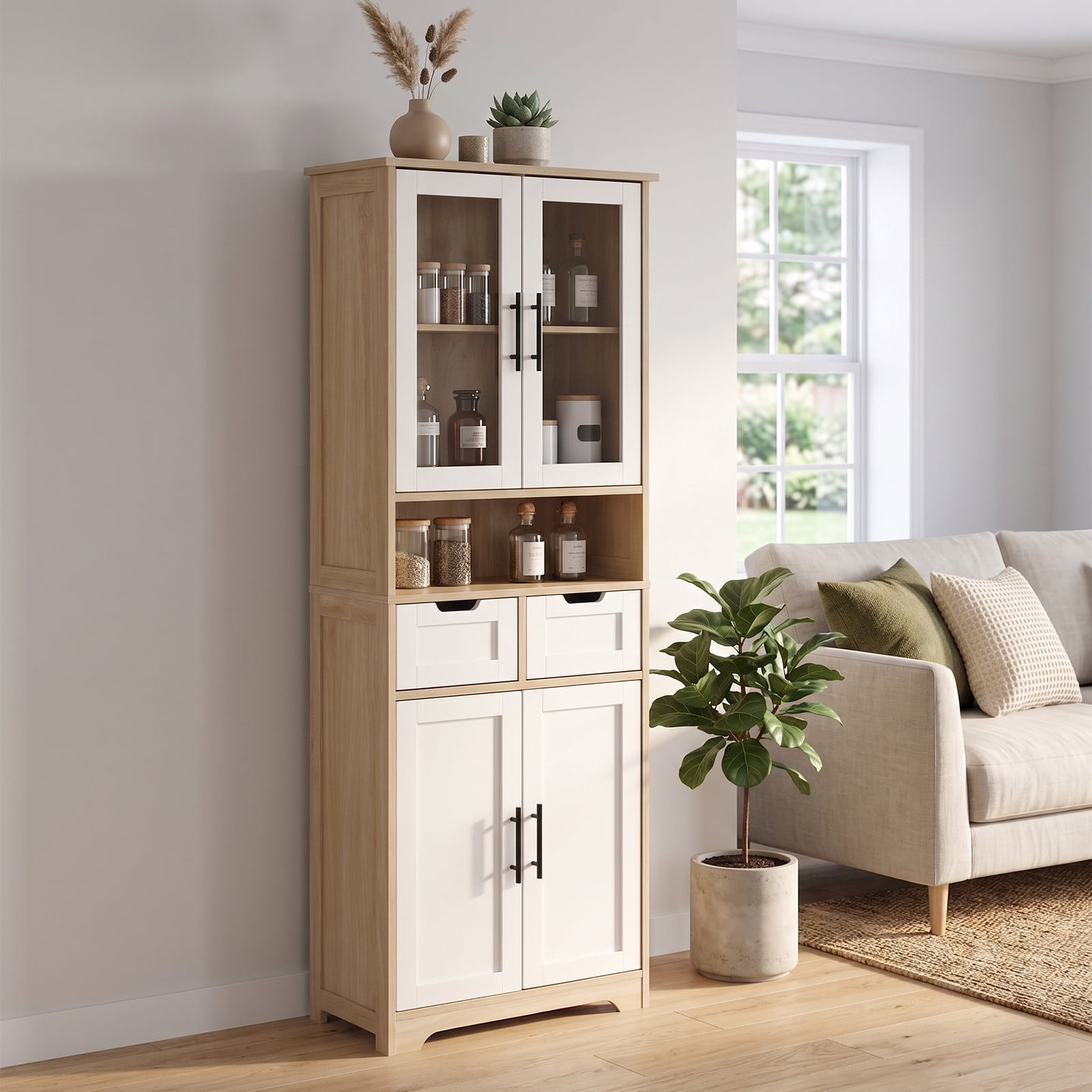 4 Cabinet Doors 2 Drawers 1 Storage Compartment Sideboard, MDF Melamine-Coated Storage Cabinet 23.62*11.81*66.93in White Matte Finish Door Panel + Light Oak-Colored Cabinet