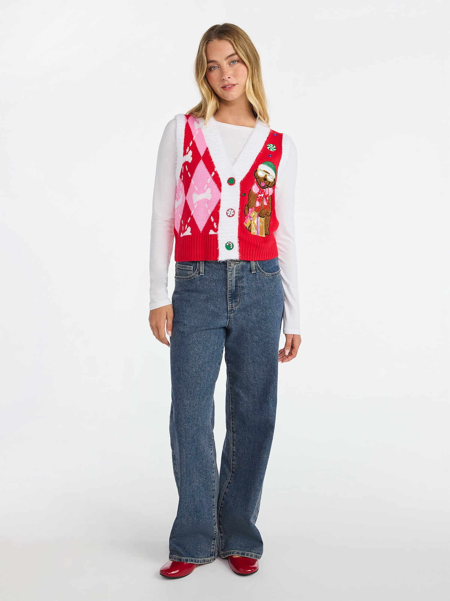 No Boundaries V-Neck Button Front Christmas Vest, Women’s