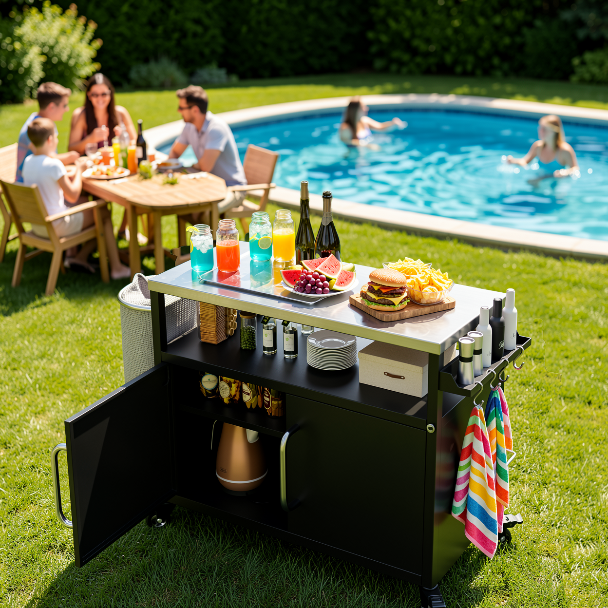 Homy Casa Outdoor Grill Cart with Stainless Steel Top, Rolling Outdoor Kitchen Cart with Storage Cabinet and Hooks
