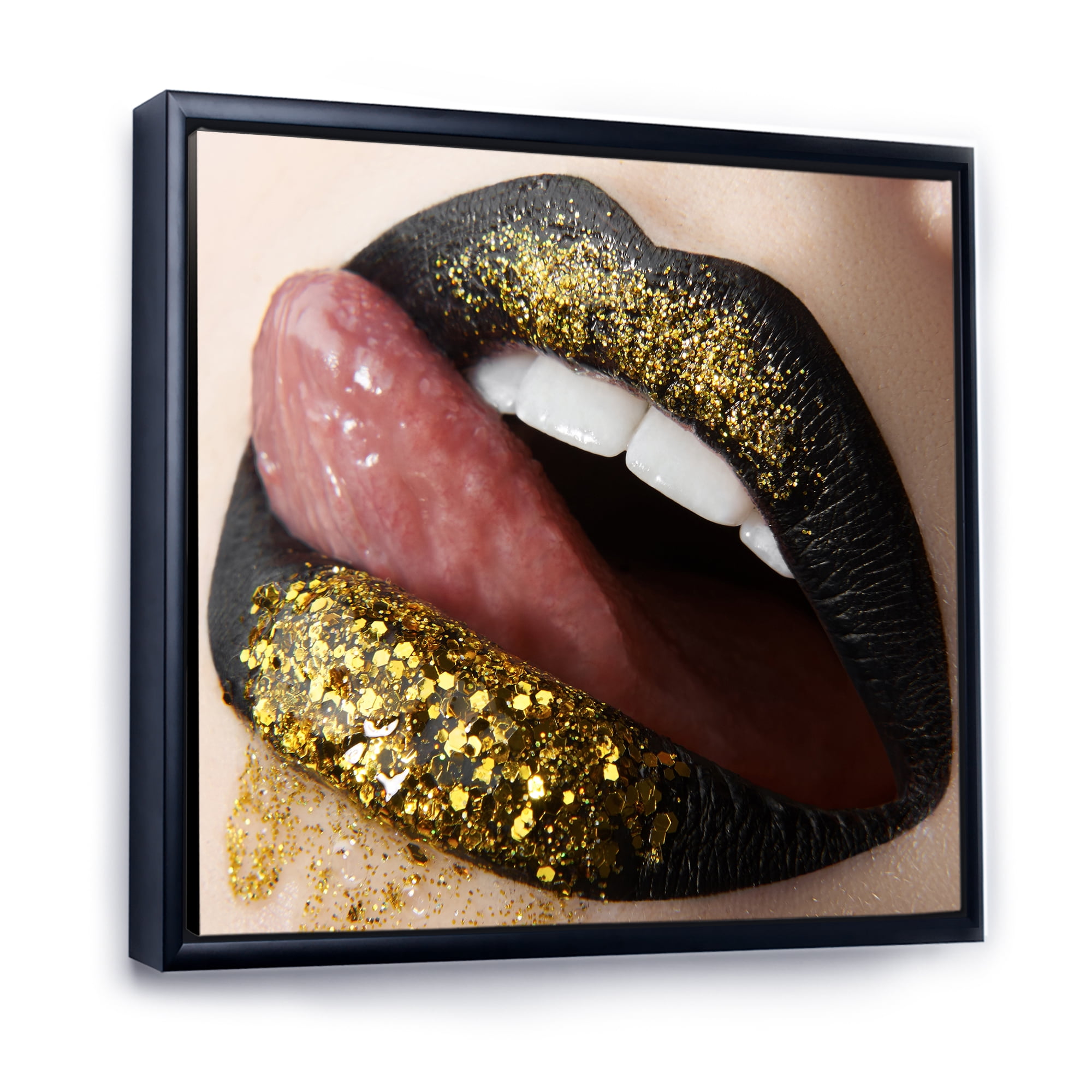 Designart 'Woman Lips Black Lipstick and Gold Sequins' Modern Framed Canvas Wall Art Print