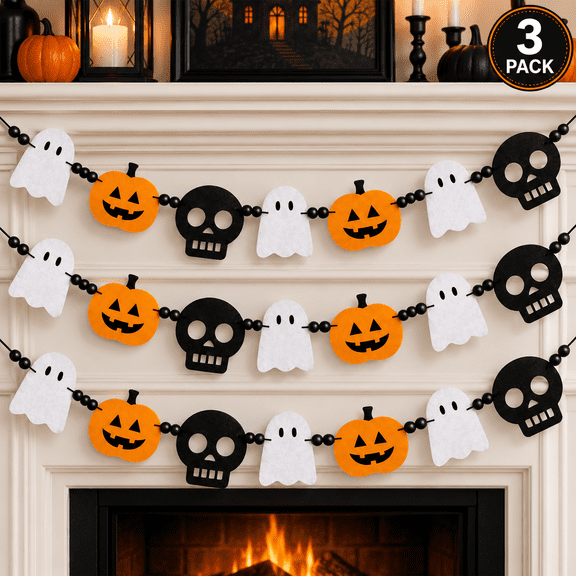 Halloween Felt Garland, Ghost Garland with Wood Beads, 3 Pack Pumpkin Skull Mantel Decor for Fireplace Wall Indoor Home