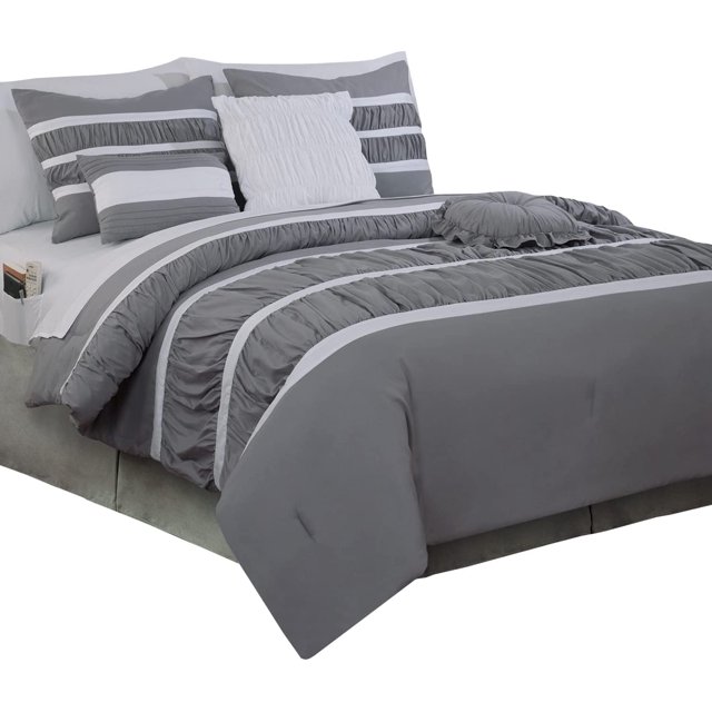 Mocassi 12-Piece Comforter Set, Isabella Bedding Collection includes 6-Piece Smart Sheet Set, Matching Shams & Decorative Pillows, Full/Queen, Silver Gray