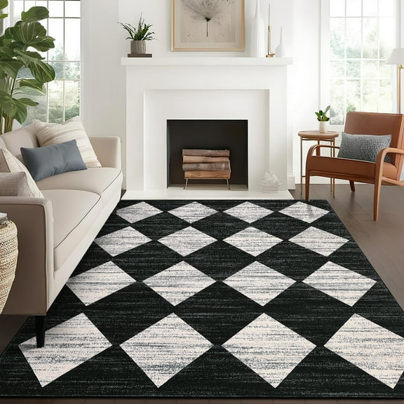 Hasoo Area Rug for Living Room 8x10 Distressed Washable Indoor Rugs Geometric Carpet for Bedroom, Black