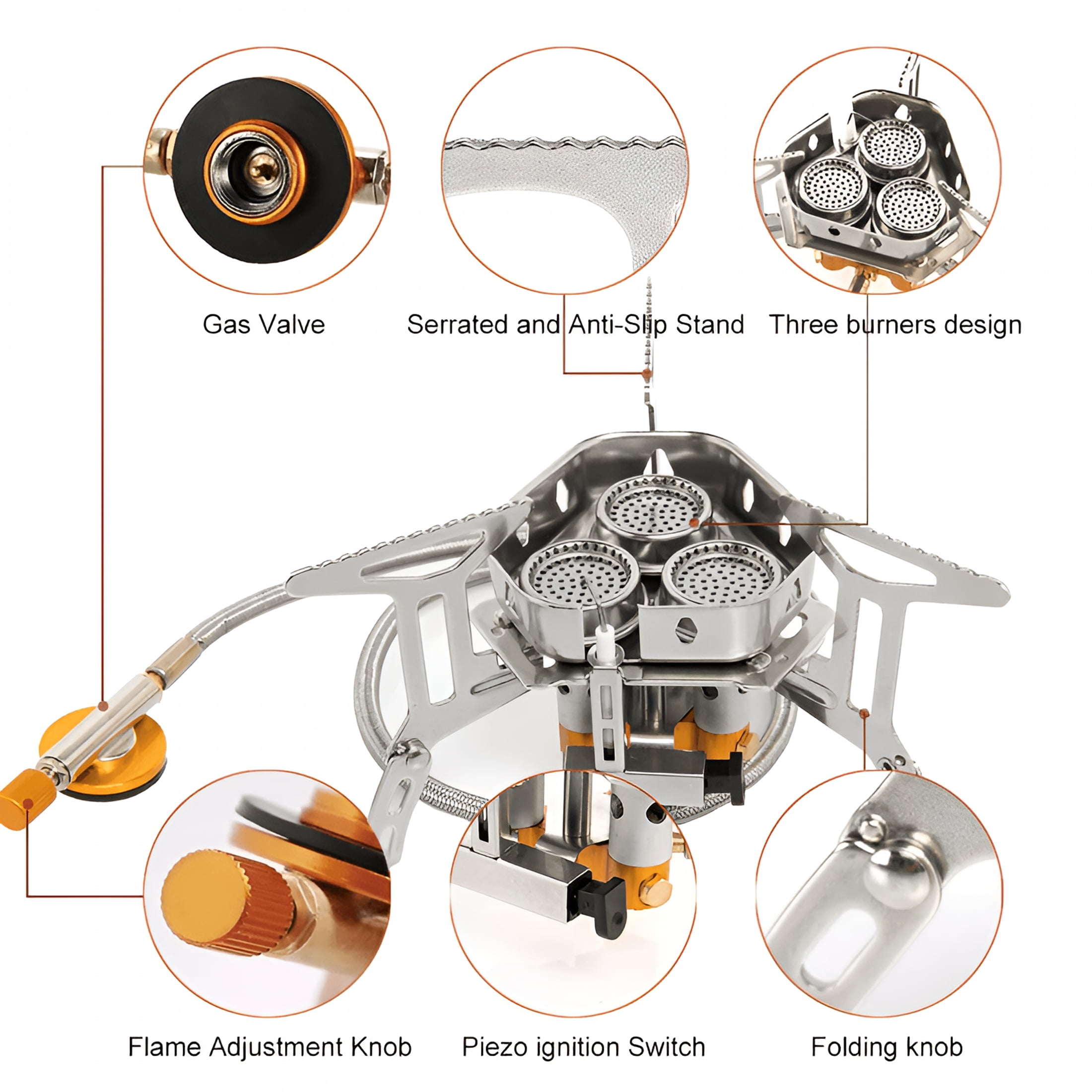 HIBIBUD 2026 New 3 S Gas Stove Tourist Camping Burners Folding Backpacking Furnace 6800W Outdoor Hiking Picnic Bbq Cooking Equipment (Stove with Adapter)