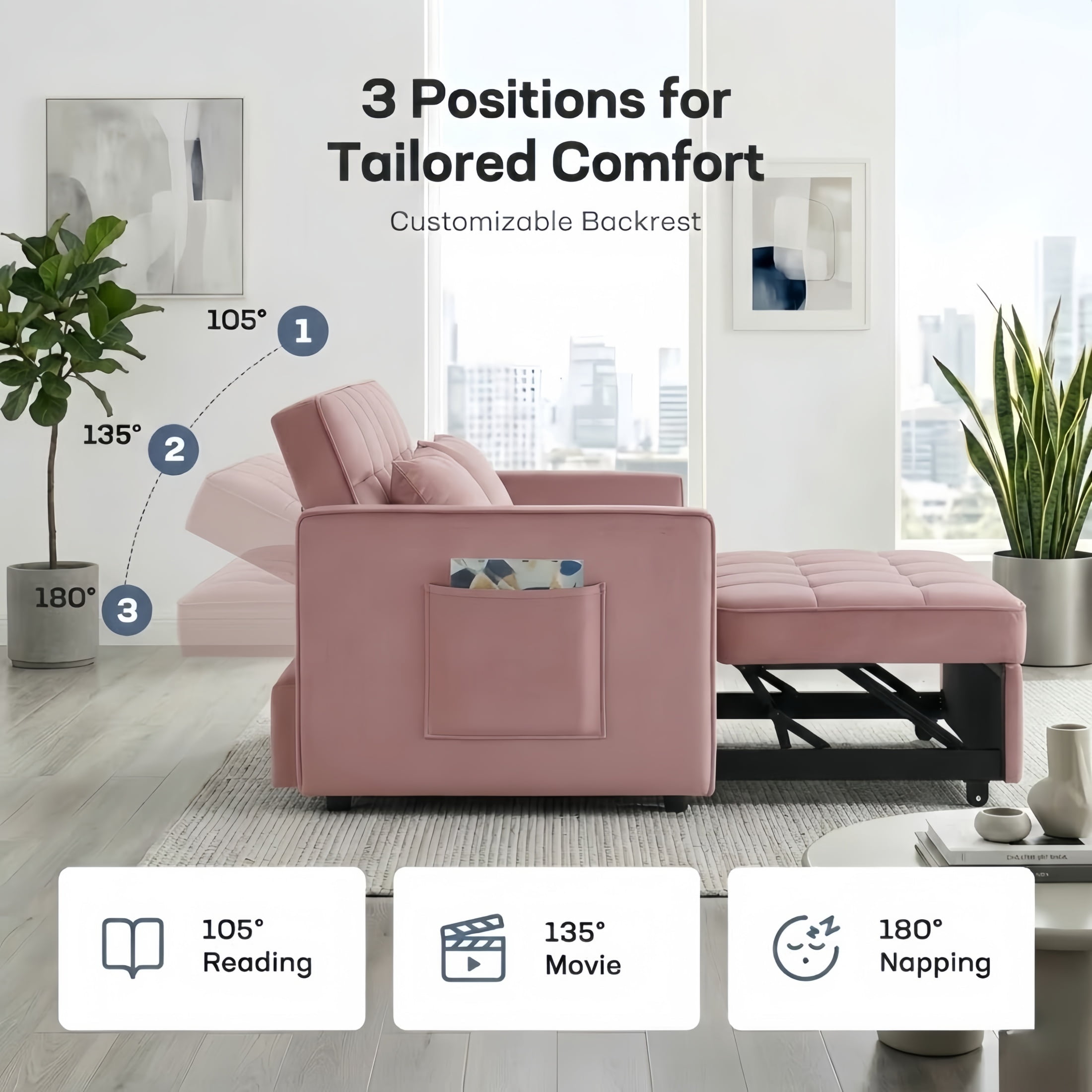 Amuille 3 in 1 Convertible Sleeper Sofa Bed, 54" Velvet Fabric Loveseat, Pull Out Couch for Living Room and Apartment, Pink