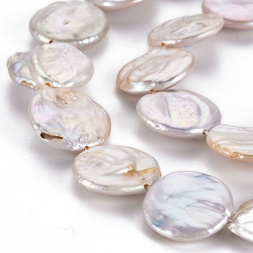 2strands Natural Keshi Pearl Beads Strands Cultured Freshwater Pearl Flat Round Seashell color 16~18x3~8mm Hole: 0.6mm about 22~23pcs/strand 14.57~15.35 inch(37~39cm)