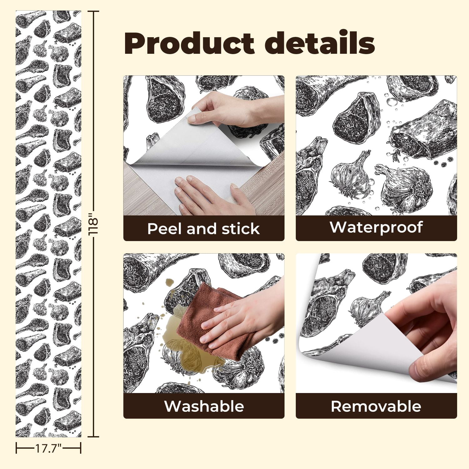 Peel and Stick Wallpaper meat drawing Hand drawn beef steak pork ham Wall Mural 17.7in x 9.8ft Self Adhesive Removable Wall Paper Renter Friendly Wallpaper for Bedroom Nursery