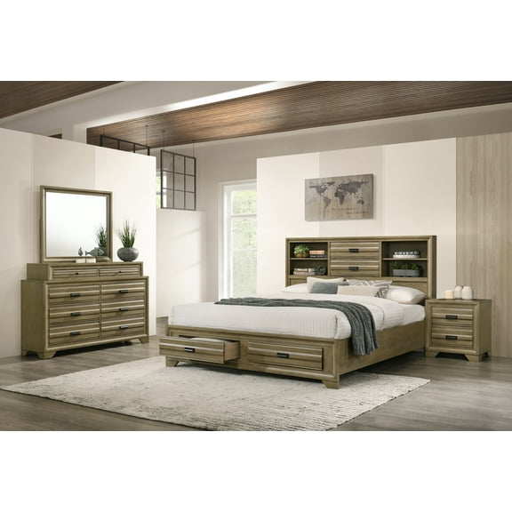 Loiret Light Grey Finish Wood Storage Platform Queen Bedroom Set with Dresser, Mirror, Nightstand