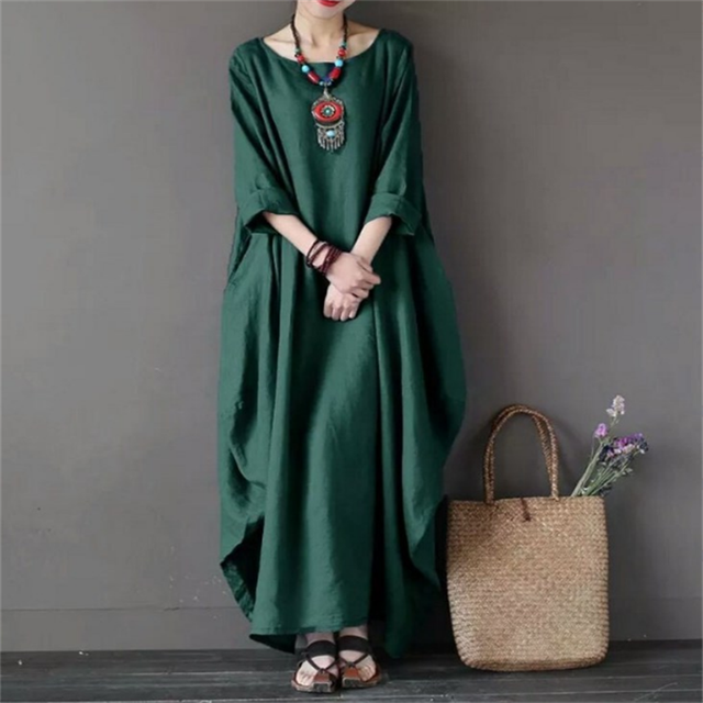 JUNWELL Printemps Nouvelle Taille Ample Col Rond Manches Mi-Longues Grande Robe Longue en Coton et Lin Swing