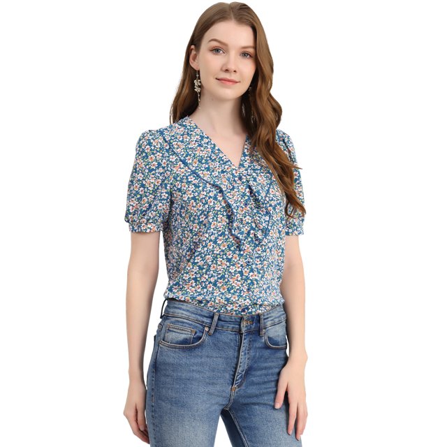 INSPIRE CHIC Blouse à Manches Courtes Bouffantes à Boutons avec Imprimé Floral pour Femmes