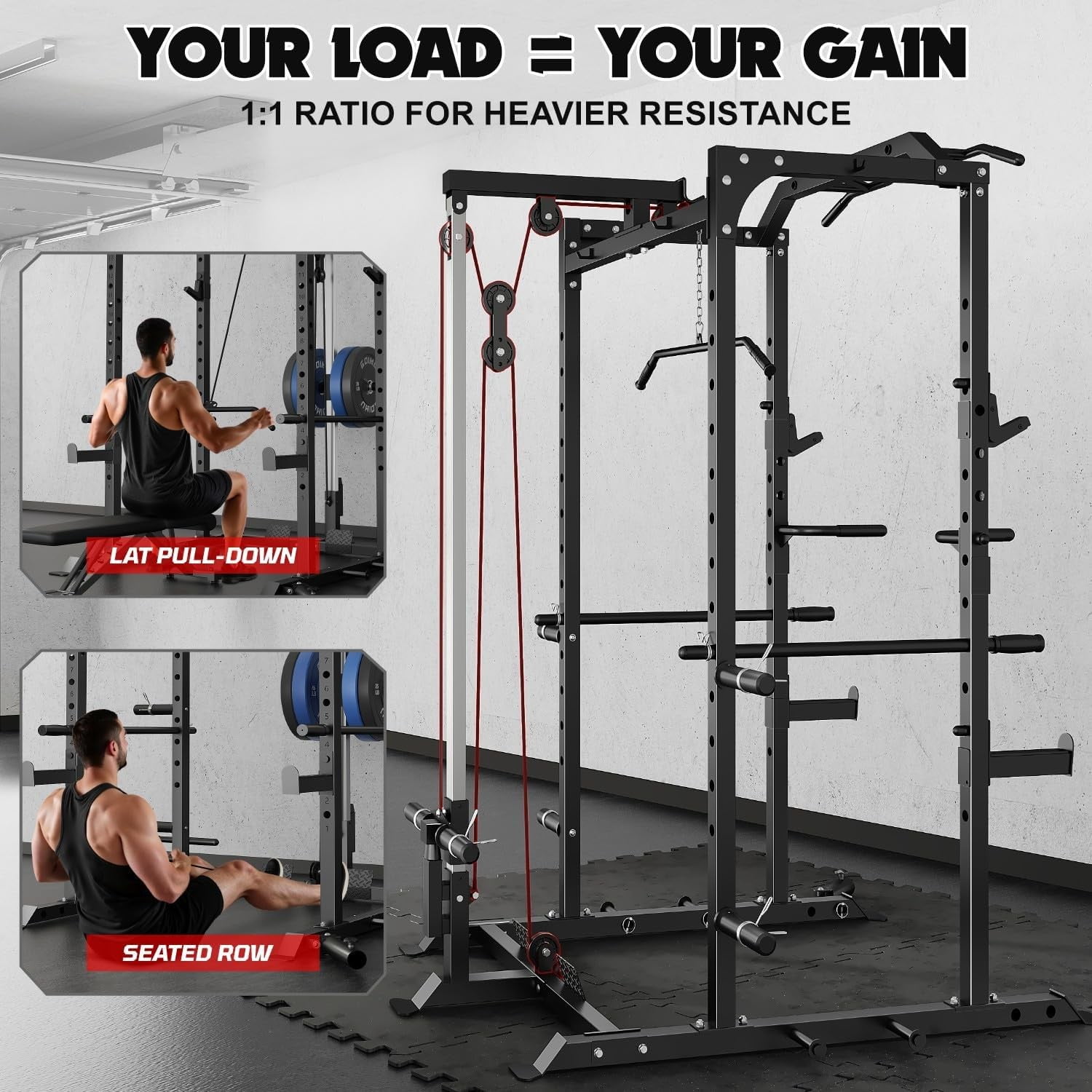 Power Cage, 2000LBS Squat Rack with LAT Pulldown, Multi-Function Weight Cage Strength Training Machine, Workout Cage with More Attachments for Home Gym Garage