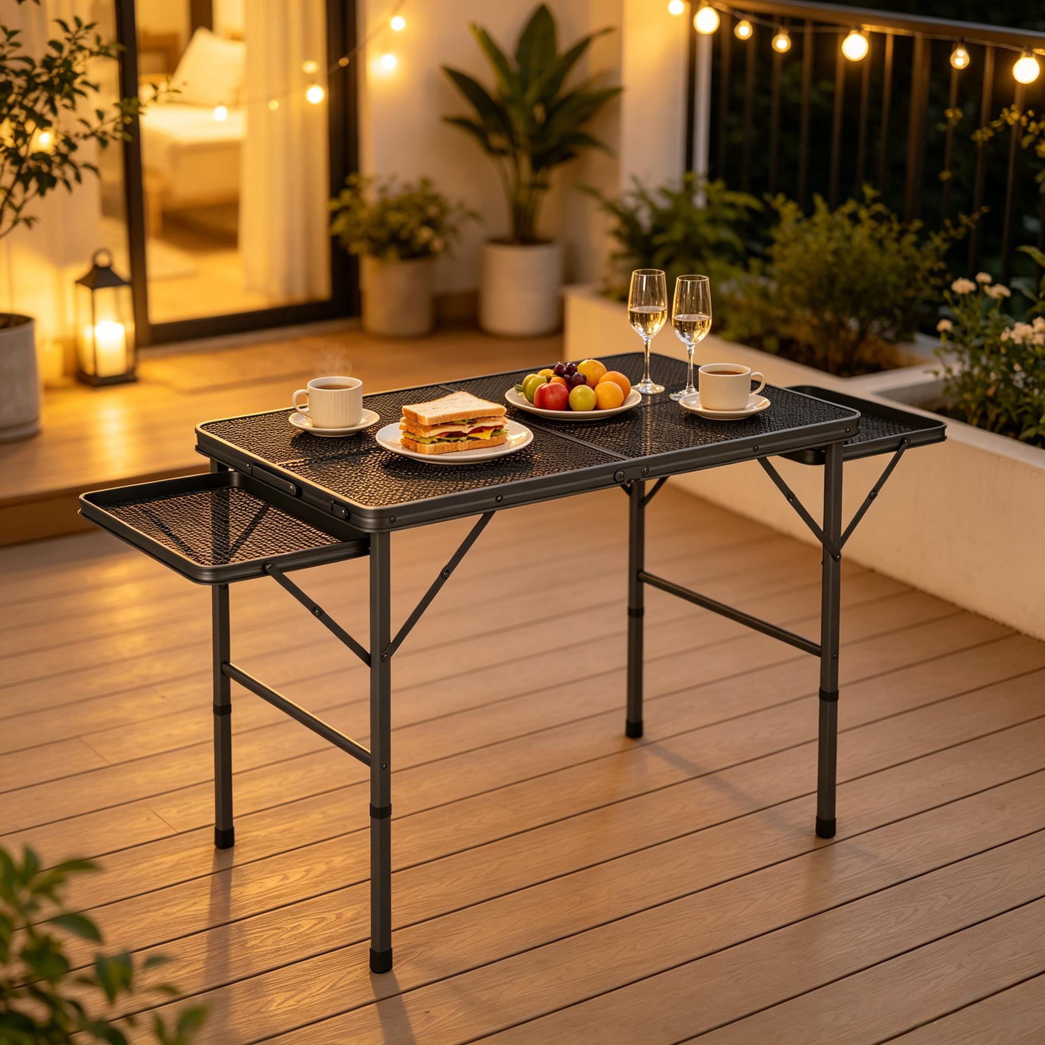 Foldable Expandable Outdoor Table, Adjustable Height Metal Camping Table with Side Wings, Waterproof Rust-Resistant Portable Picnic Standing Table for Patio BBQ Beach