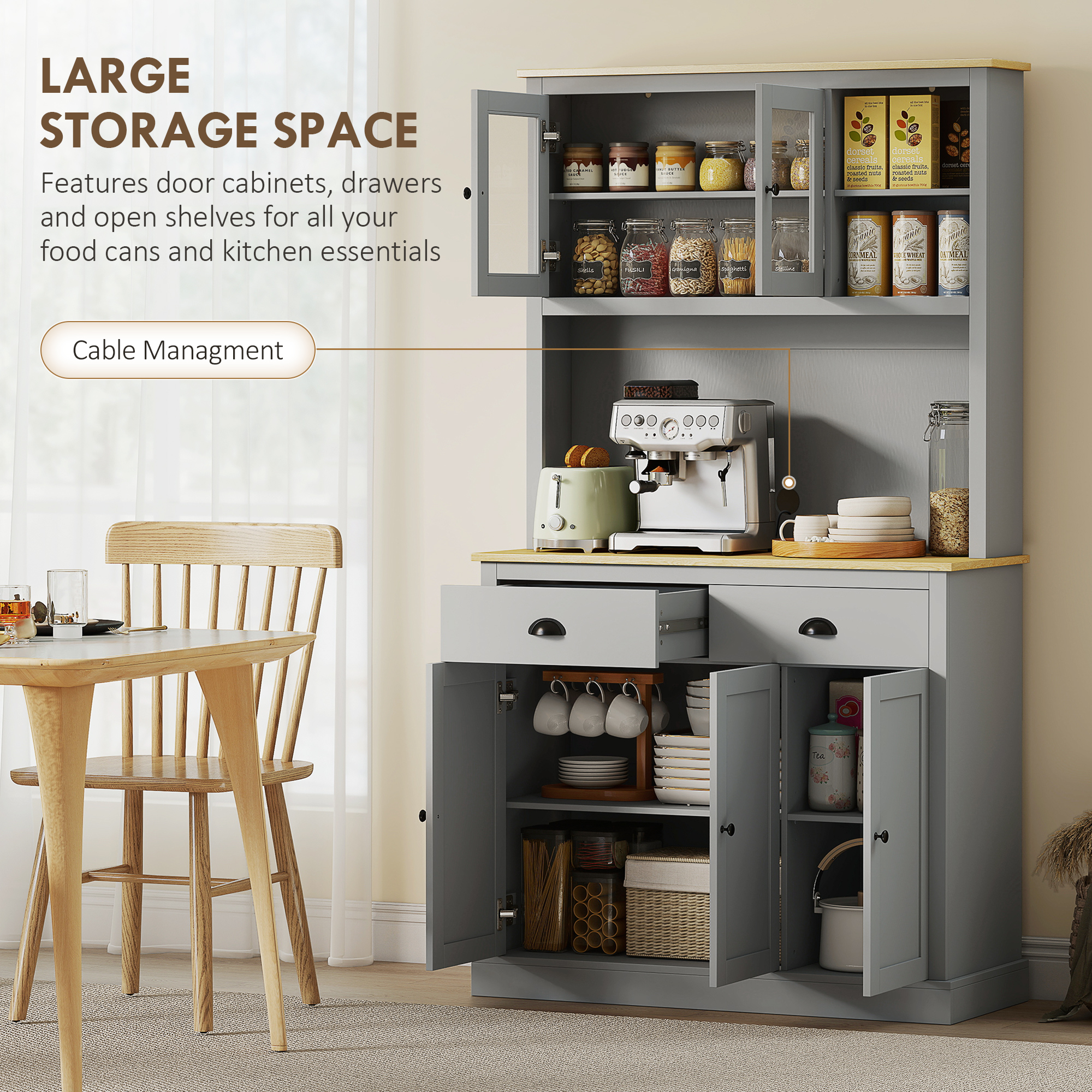 HOMCOM Kitchen Cabinet with Microwave Stand, 71" Pantry Cabinet, Gray