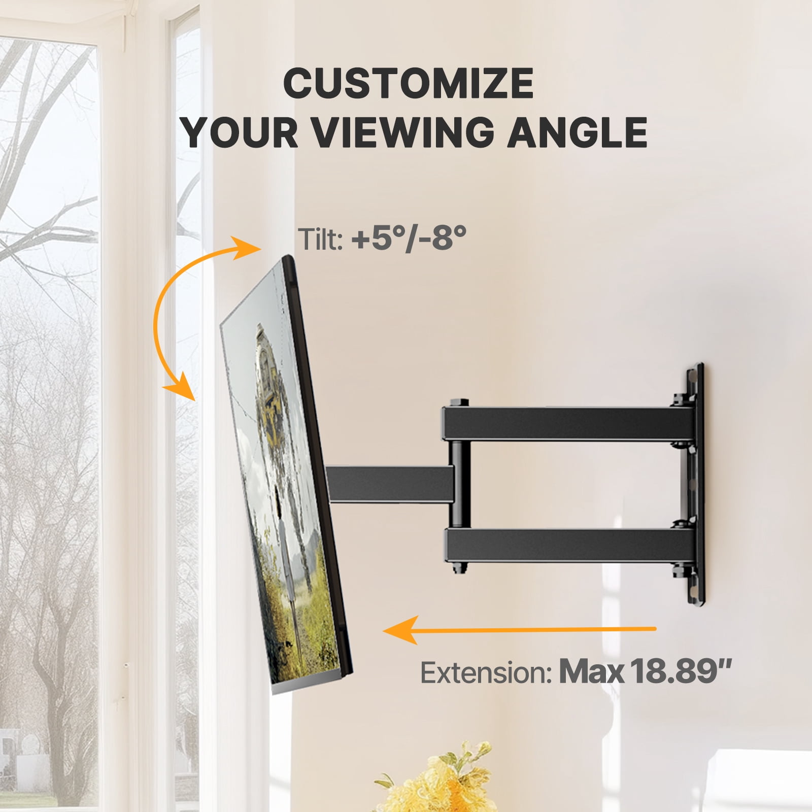 MountFTV Full Motion TV Wall Mount for 40  90 Inch Flat Curved TVs, Up to 132 lbs, 12"/16" Wood Studs, TV Stand with Tool-Free Tilt, Swivel, Extension,600 x 400mm